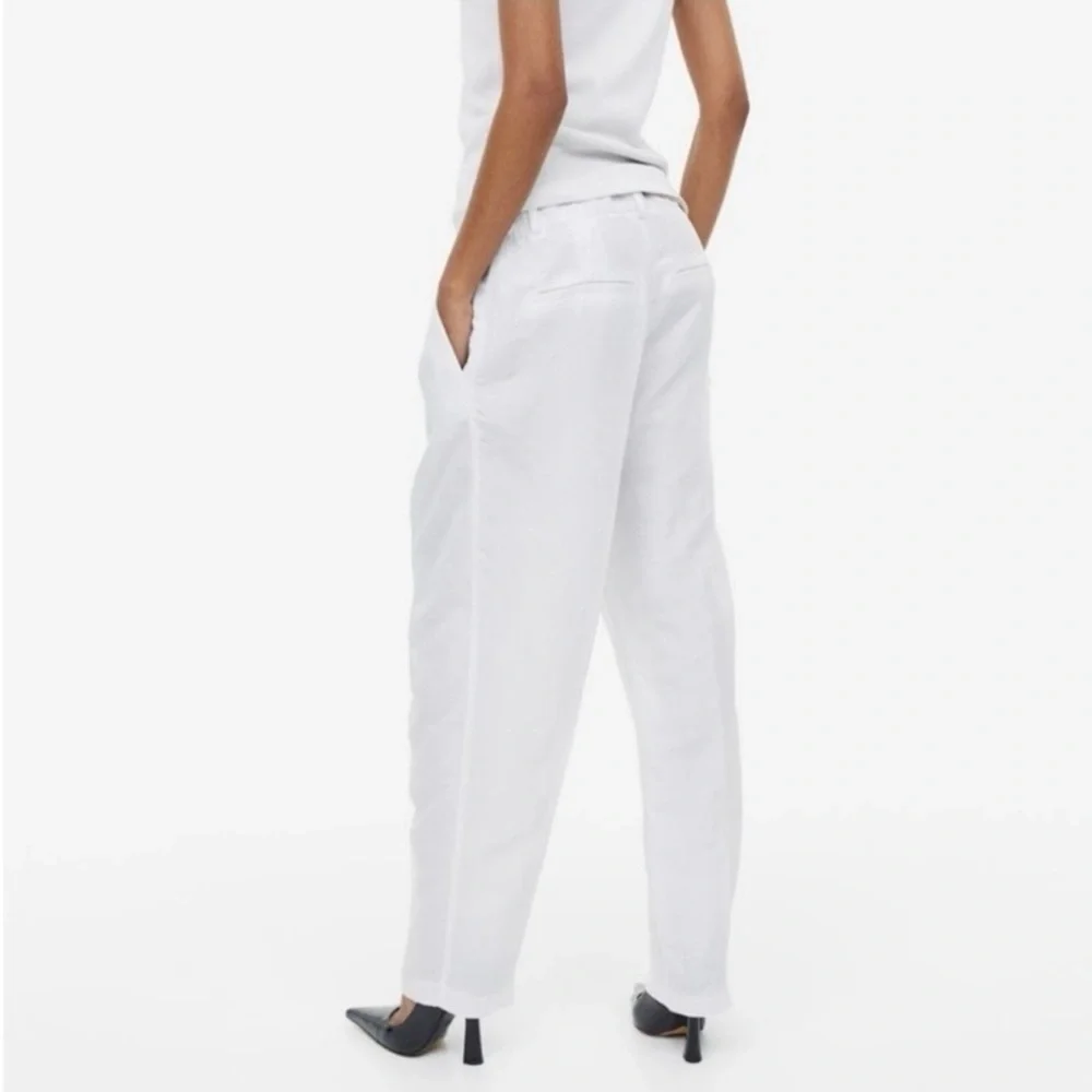 H&M Linen Blend Pleated‎ Tapered Trouser Pants Size 0 White Ankle Length NWT